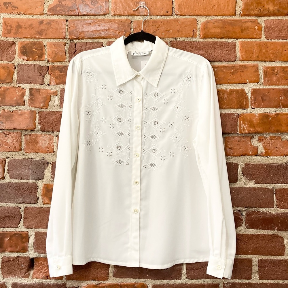 Kathy Che Blouse Sz 12 Vintage Button Down White Embroidery Business Casual